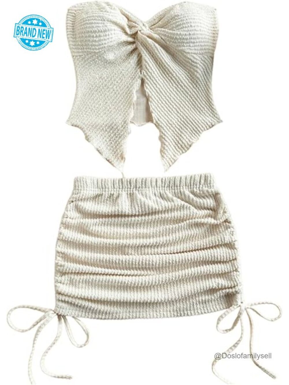 Textured Two Piece Set Twist Split Bandeau Tube Top and Drawstring Mini Skirt